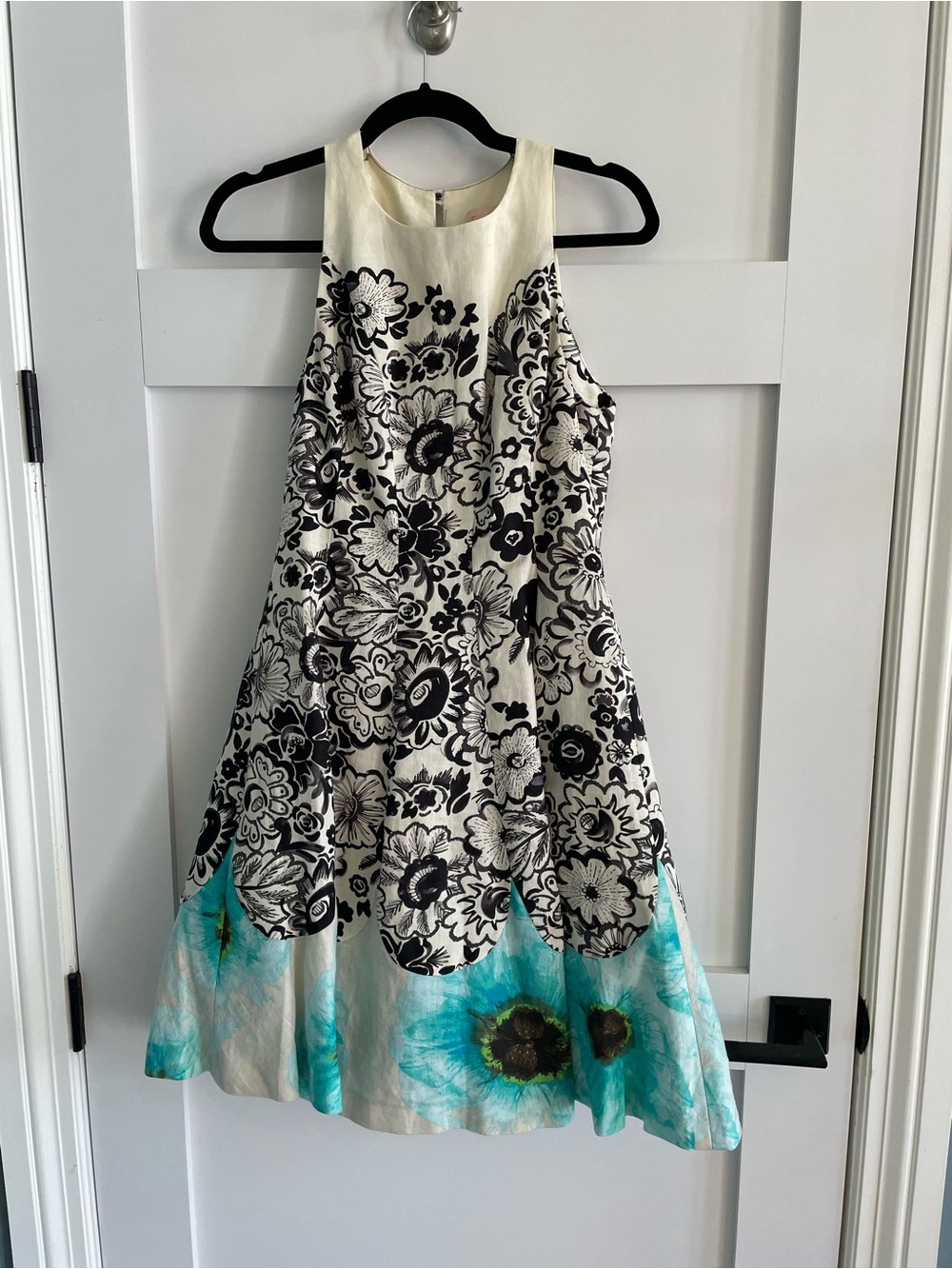Tracy Reese Cream Fit-and-Flare Dress with Black Floral Print and Turquoise